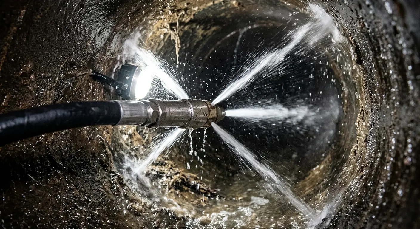 High-pressure hydro jetting nozzle cleaning sewer pipe for Emergency Drain Service in Miami Lakes