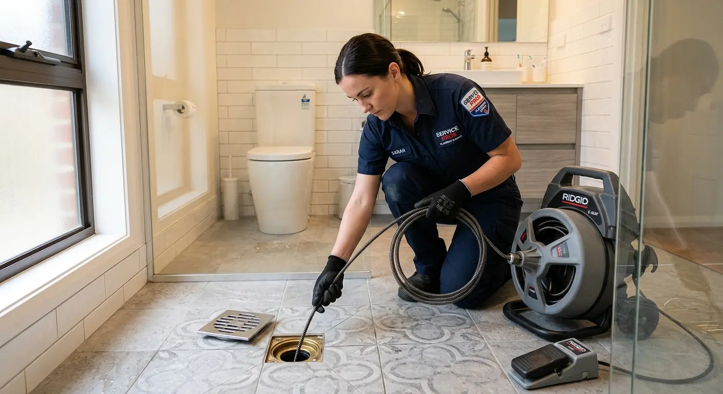 Technician clearing a bathroom floor drain for Drain Cleaning in Miami Lakes